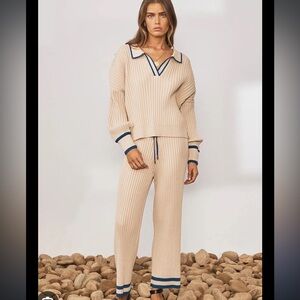Sancia Knit Set in size M. Worn once. Beige with muted royal blue lines around.